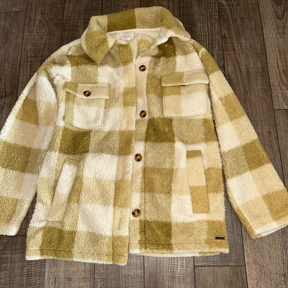 Billabong Plaid Sherpa Jacket - Cream and Olive